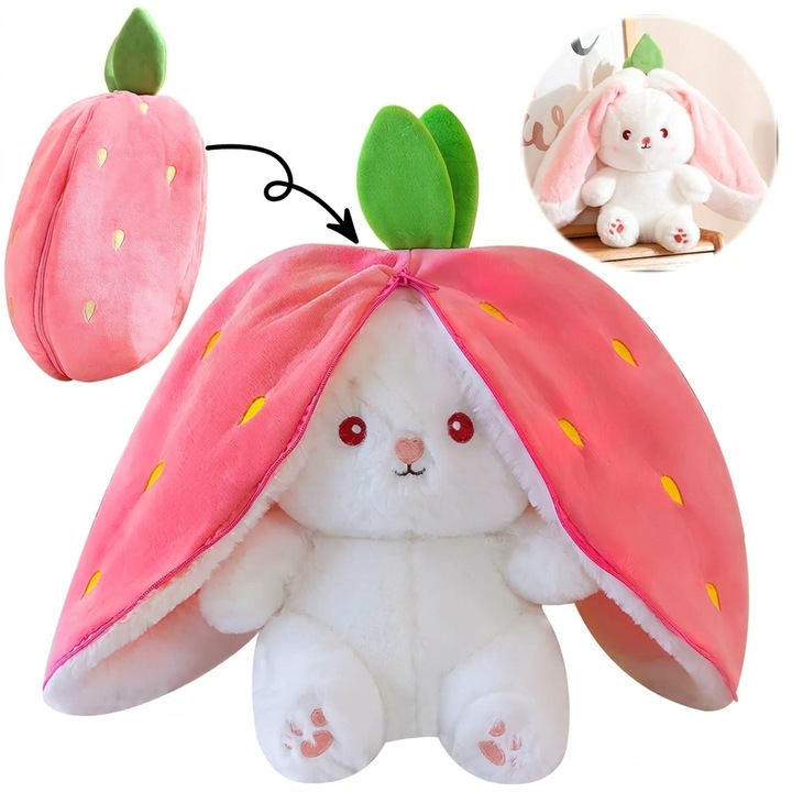 Eper nyuszi plüssjáték, RQQM, rózsaszín/fehér, 35cm, 1 db-os készlet