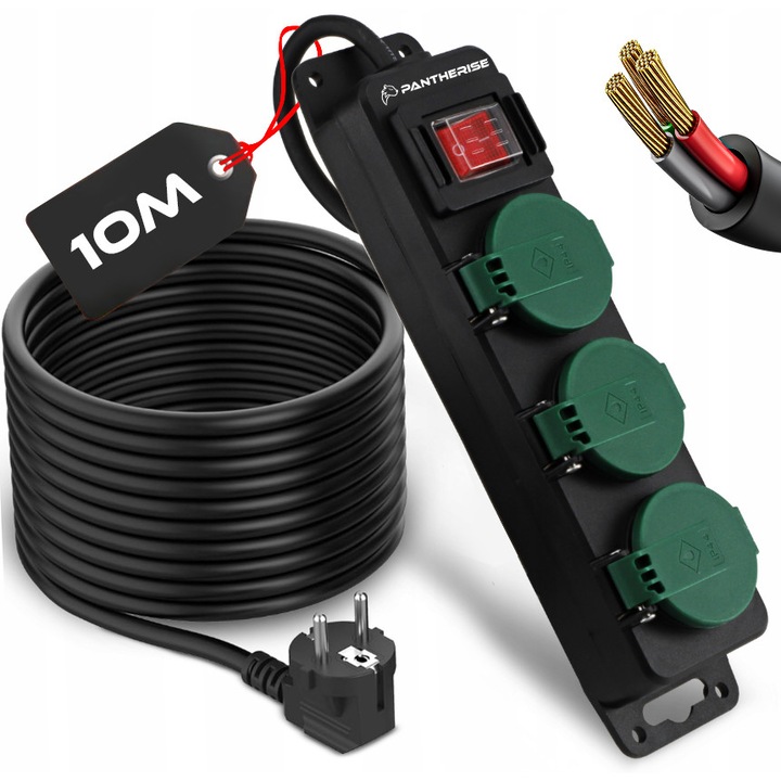 Priza De Alimentare, Pantherise, 3 Prize Cu Impamantare, Grad De Protectie IP44, Comutator Cu Iluminare, Cablu 10 M, Negru