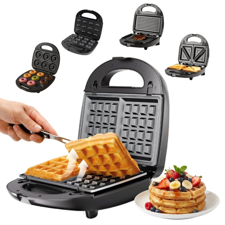 Gratar electric multifunctional Salestore.ro® 5 in 1, 800W, placi detasabile antiaderente, indicator gatire, placi pentru carne/gogosi/sandwich/vafe/nucusoare, inox, negru