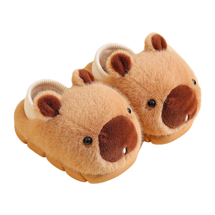 Papuci de casa pentru copii, Fantasy, Design Capybara, Captuseala groasa din plus, Antiderapant, Ingrosat, pentru toamna si iarna, acasa, gradinita sau cresa, comozi, cu talpa moale, Farmec copilaresc, 32-33 EU