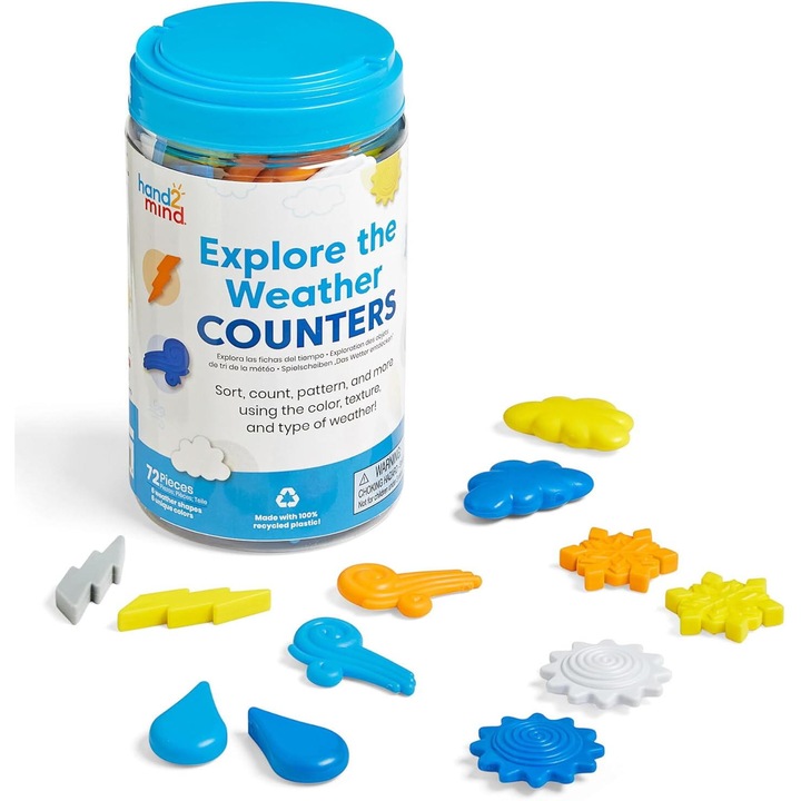 Joc de Sortat si Numarat, hand2mind, Set educativ cu 72 figurine meteo, Dimensiuni 8.8x8.8x16.5cm