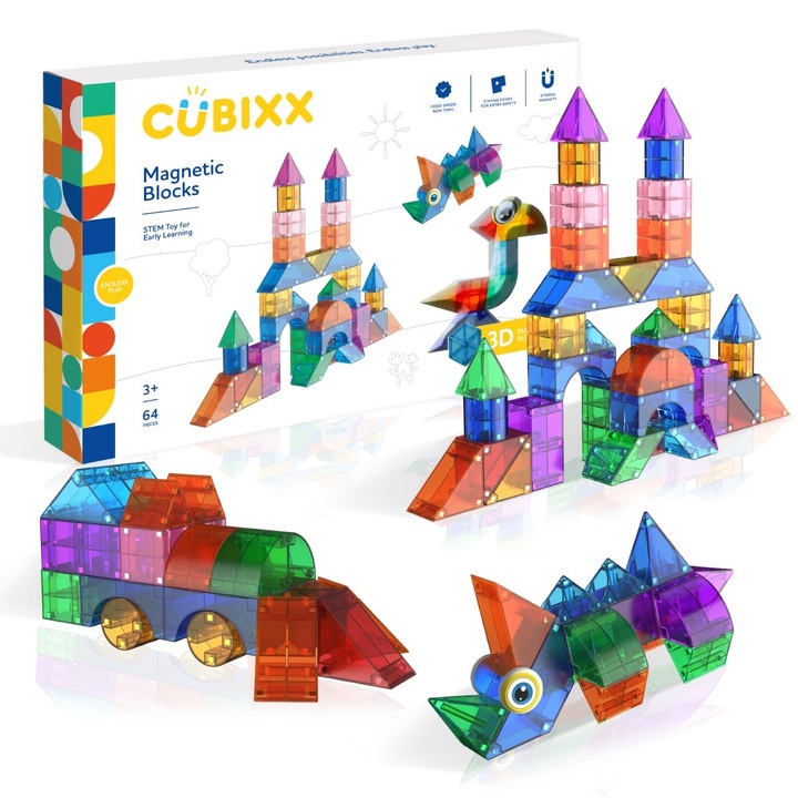 Set STEM magnetic de construit Cubixx, 64 piese, multicolor, +3 ani