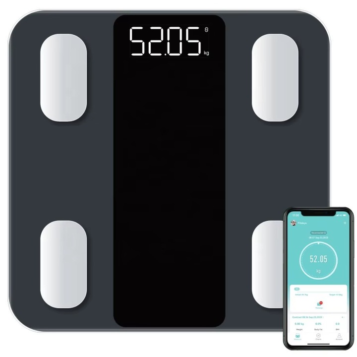 Cantar inteligent narvara®, 14 indici corporali, 4 senzori analiza, Raport evolutie utilizator, Integrare IOS/Android, Negru/Gri