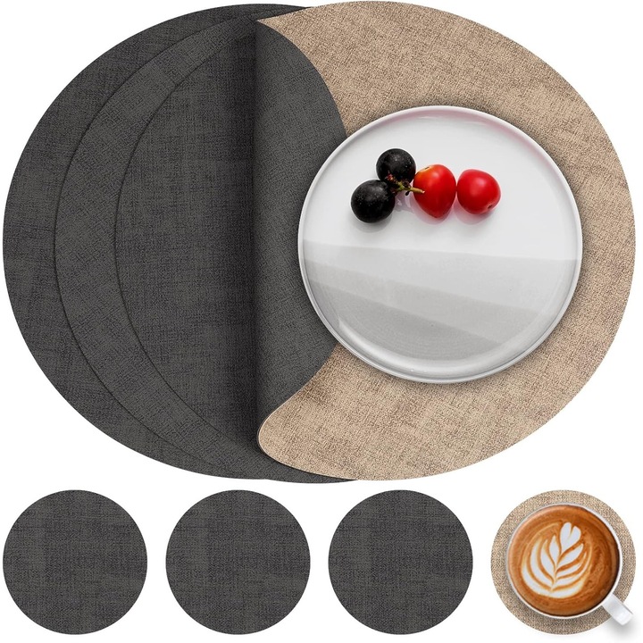Set de servete si naproane din piele sintetica (4 piese), rotunde, lavabile, rezistente la caldura, antiderapante, gri si bej