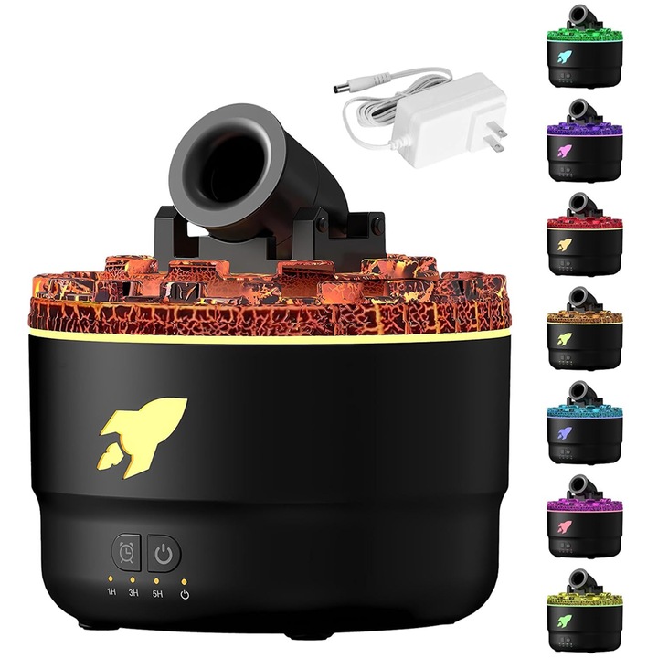 Difuzor Aromaterapie Teno®, forma de tun, 7 culori LED, lumini dinamice, control tactil, capacitate 300ml, silentios, rezerva inclusa, umidifica aerul, negru