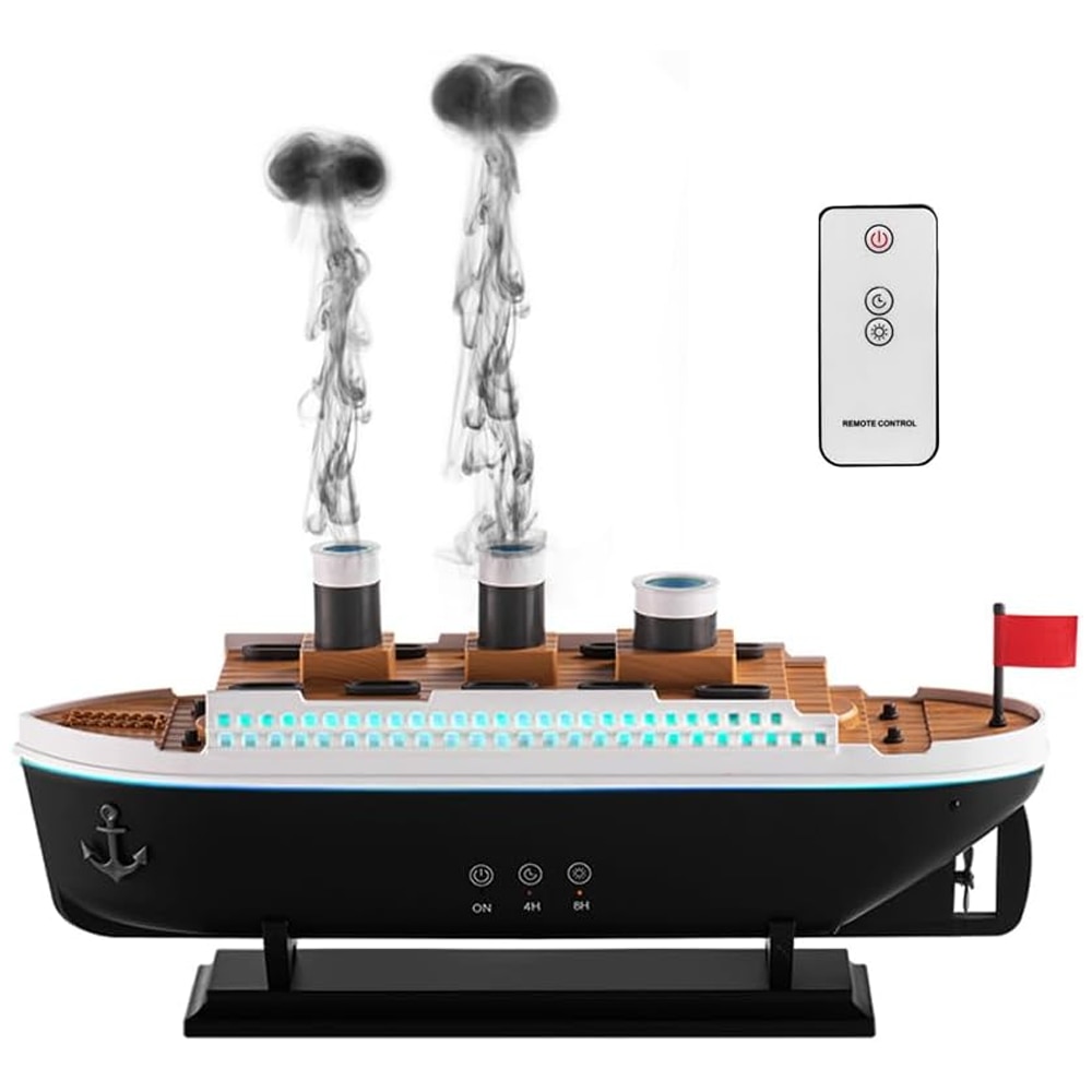 Difuzor Aromaterapie Teno®, forma de nava de croaziera, 7 culori LED, lumini dinamice, control tactil, capacitate 250ml, silentios, rezerva inclusa, umidifica aerul, negru/alb