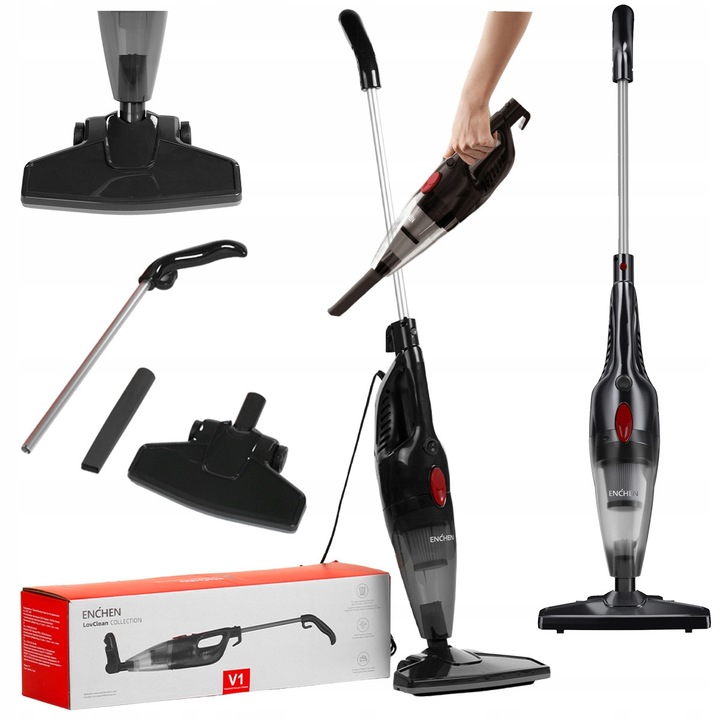 Aspirator Vertical 2 In 1 Cu Accesorii, Enchen, V1, Putere Motor 650 W, Putere De Aspiratie 14 Kpa, Capacitate Recipient Praf 1, 2 L, Lungime Cablu De Alimentare 5 M, Negru