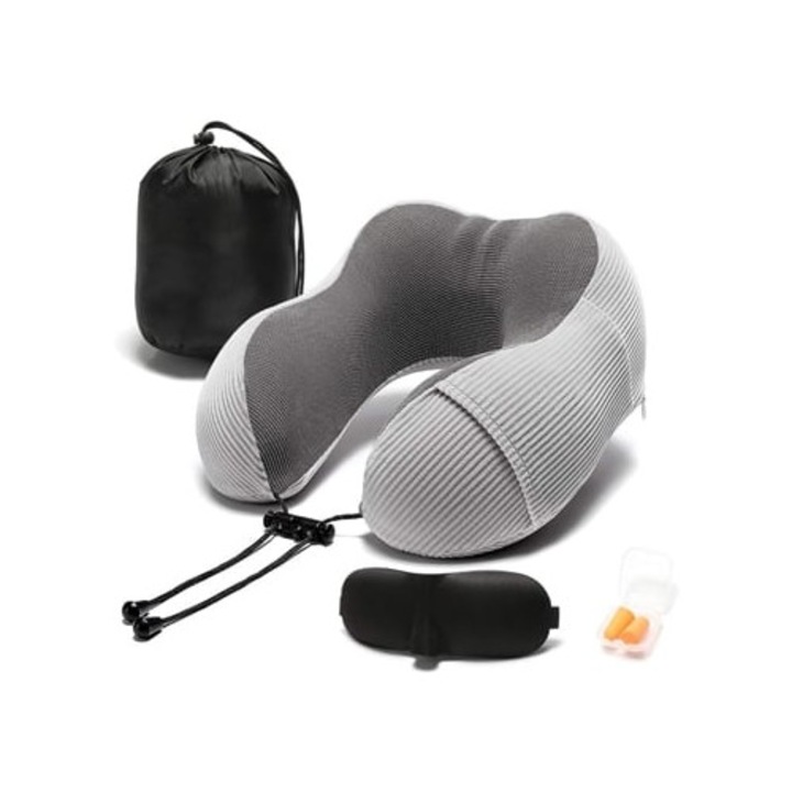 Perna de calatorie din spuma cu memorie 360 grade, suport pentru cap, multicolor