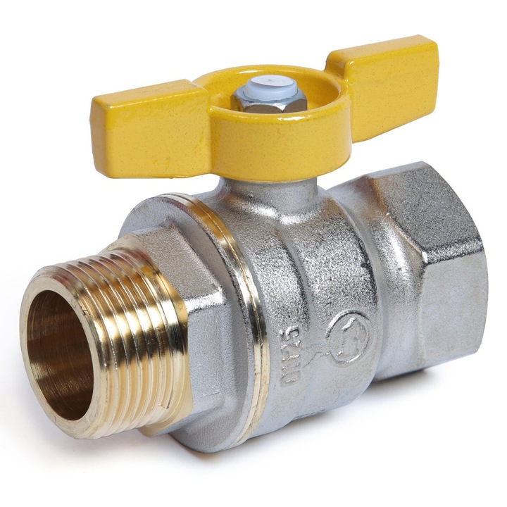 Robinet cu bila pentru gaz Giacomini R734GAX005, trecere plina, maner tip T galben, filet interior 1” x filet exterior 1”, 5 bar, alama nichelata