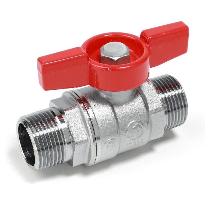 Сферичен кран Giacomini, хромиран месинг, външна резба 1"x1", червена Т-образна ръкохватка