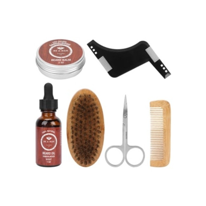 Set de ingrijire profesionala pentru barba si mustata cu perie, pieptene si ulei