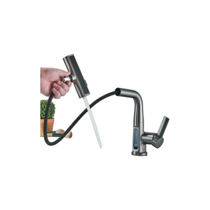 Sanitárcsap, vízesés design, digitális kijelző, szürke