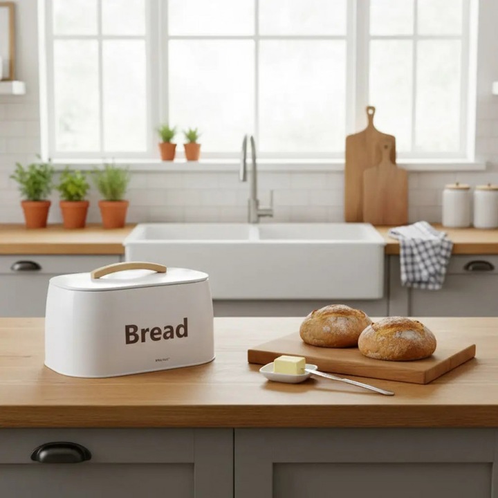 Cutie de paine Kinghoff KH 1947, 35 cm, Corp metalic, Maner din lemn, Alb