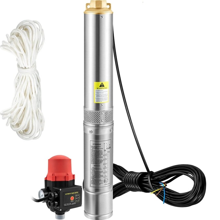 Pompa submersibila de adancime, IP68, Presostat automat, 550W, cablu alimentare 20 m, Inaltime 89m, Debit 50 l/min, 1 inch, Sfoara
