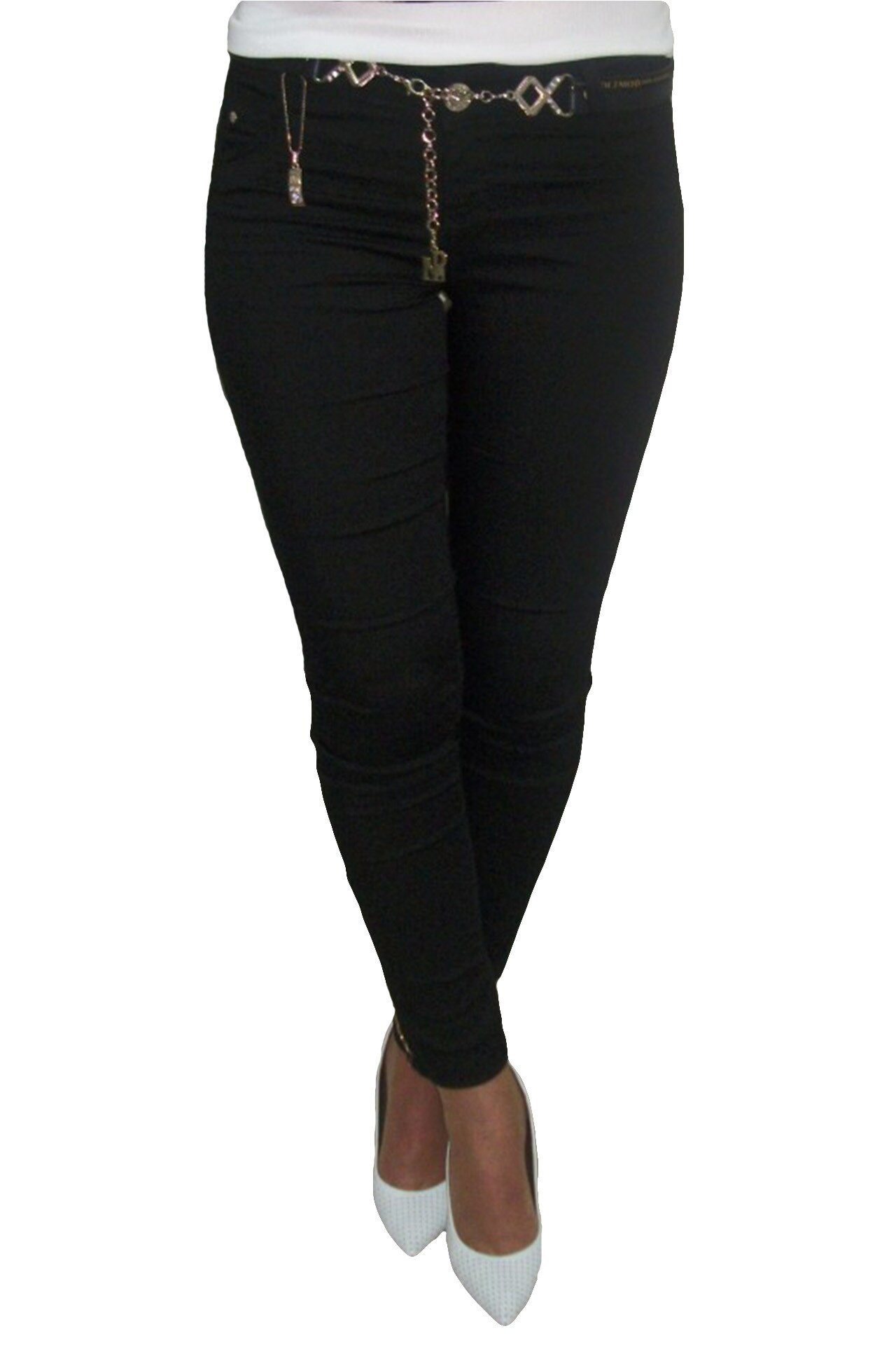 Pantaloni casual, model skinny, cu insertii aurii , D&J Exclusive, Negru