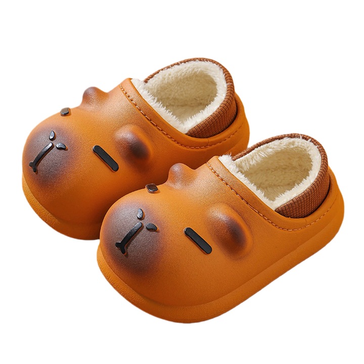 Papuci de casa pentru copii, Design Capybara, Captuseala groasa din plus, Antiderapant, Ingrosat, pentru toamna si iarna, acasa, gradinita sau cresa, comozi, cu talpa moale, Farmec copilaresc, 23-24 EU