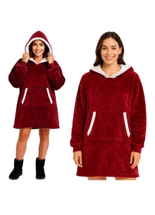 XXL-es takarós pulóver, túlméretezett, kapucnival és zsebbel, puha anyagból, piros