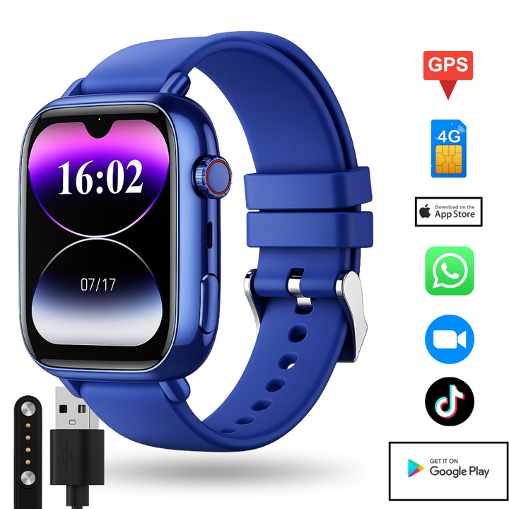 Ceas Smartwatch Copii 4G IdealTI, GPS+LBS, Buton SOS, Monitorizare Traseu, Mod spion, Apel video, AMOLED, Whatsapp, Facebook, Albastru
