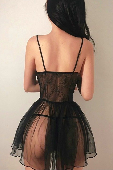 Erotikus menyasszonyi fehérnemű szett, Createur, átlátszó ruha és tanga bugyi, fekete, S-M INTL