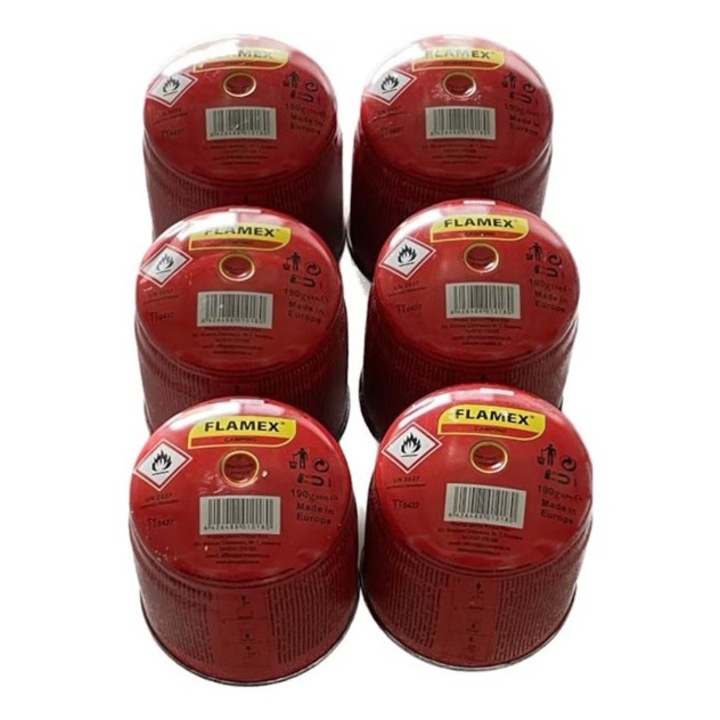Set 6 butelii gaz cu valvă, Flamex, 190g, pentru camping