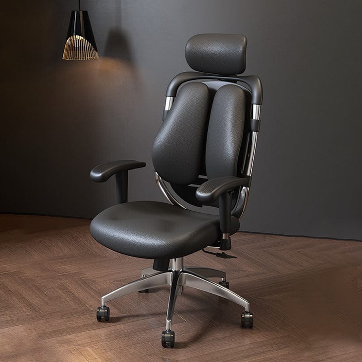 Scaun Ergonomic de Birou Timebox – Design Bi-Spine Inteligent, Tetiera Reglabila 3D, Suport Lombar, Cotiere 3D, Spatar Din Piele Premium si Cadru Metalic, Manere Rotative, Negru