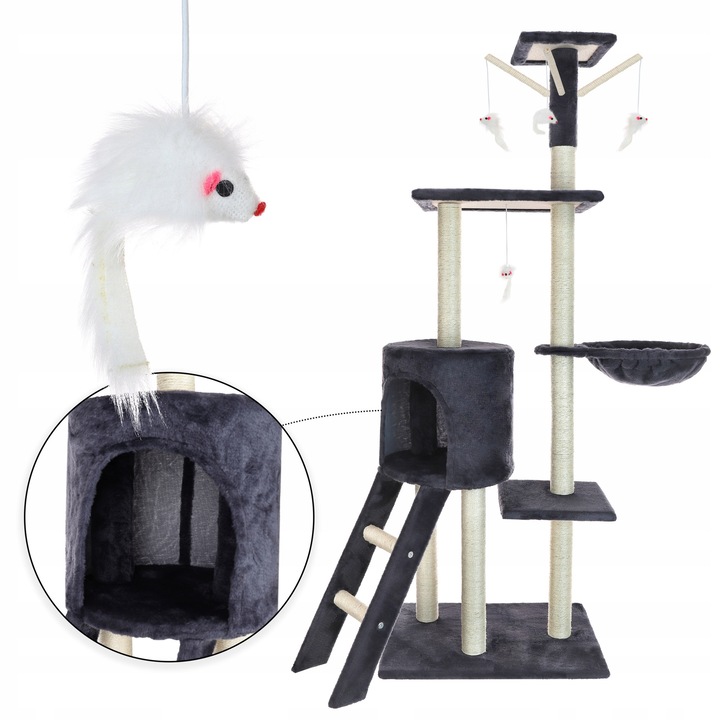 Комплект за котки с къщичка и легло, Medas, тъмно сив, 138x55x40 см