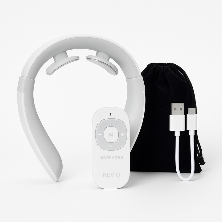 Revio Tech intelligens nyakmasszírozó készülék, EMS elektromos impulzusokkal, infravörös fűtéssel, 6 masszázsmóddal, 15 intenzitási szinttel, ergonomikus kialakítással és mágneses távirányítóval, izomlazítás és stresszoldás