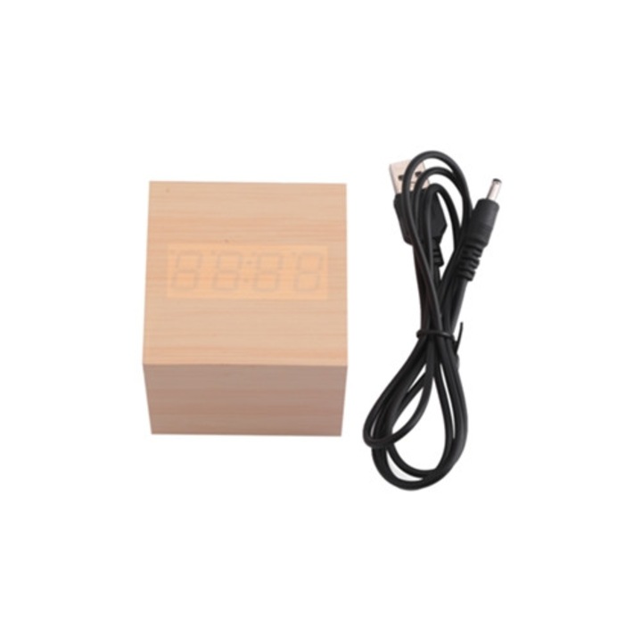 Ceas decorativ digital din lemn cu ecran LED, incarcare USB, control vocal