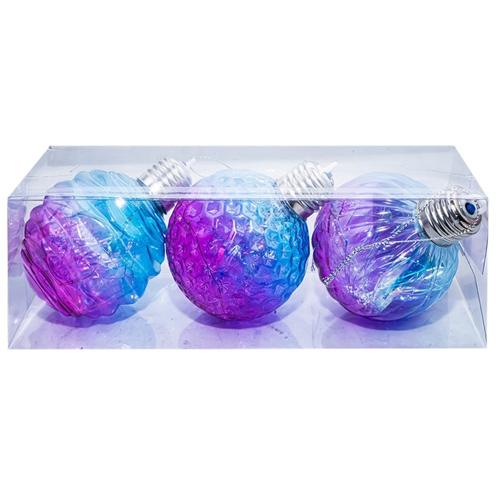 Globuri pom Craciun cu lumina Albastru / degrade Roz, 3 buc/set