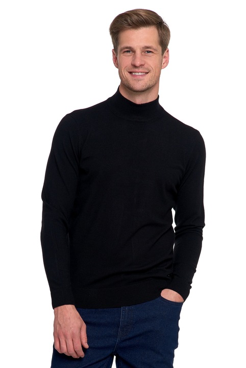 Férfi pulóver, Moraj, klasszikus, félgarbó, fekete, puha kötött