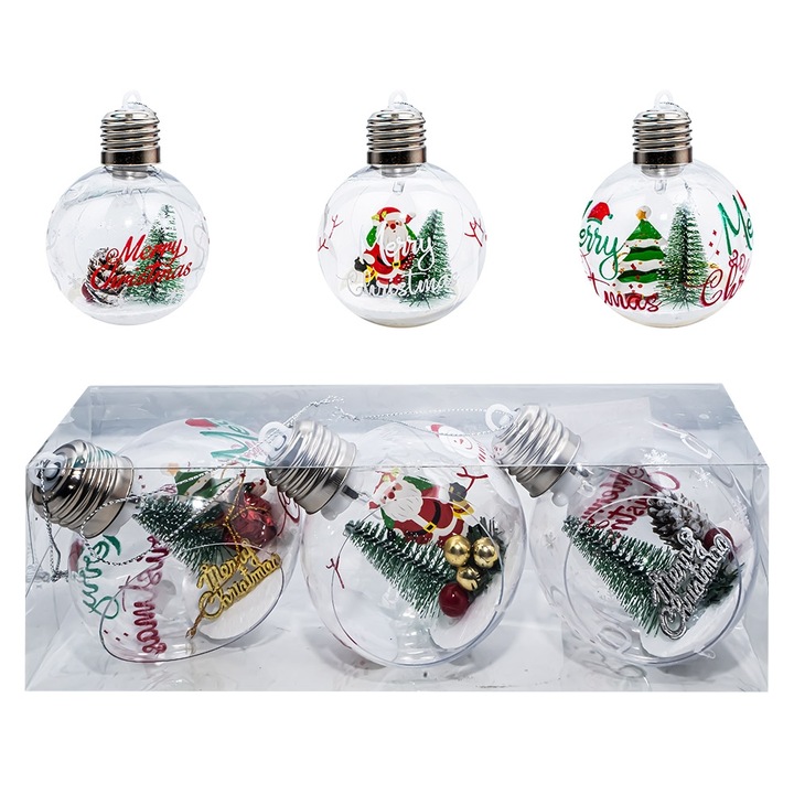 Globuri pom Craciun cu lumina, 3 buc/set