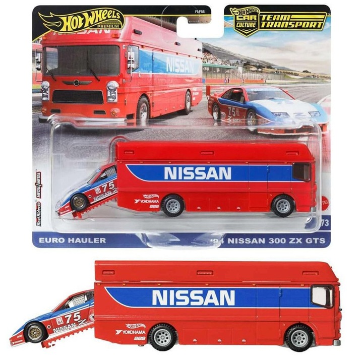 Комплект колички Hot Wheels Premium Team Transport Euro Hauler & '94 Nissan 300 ZX GTS, 1:64, многоцветен
