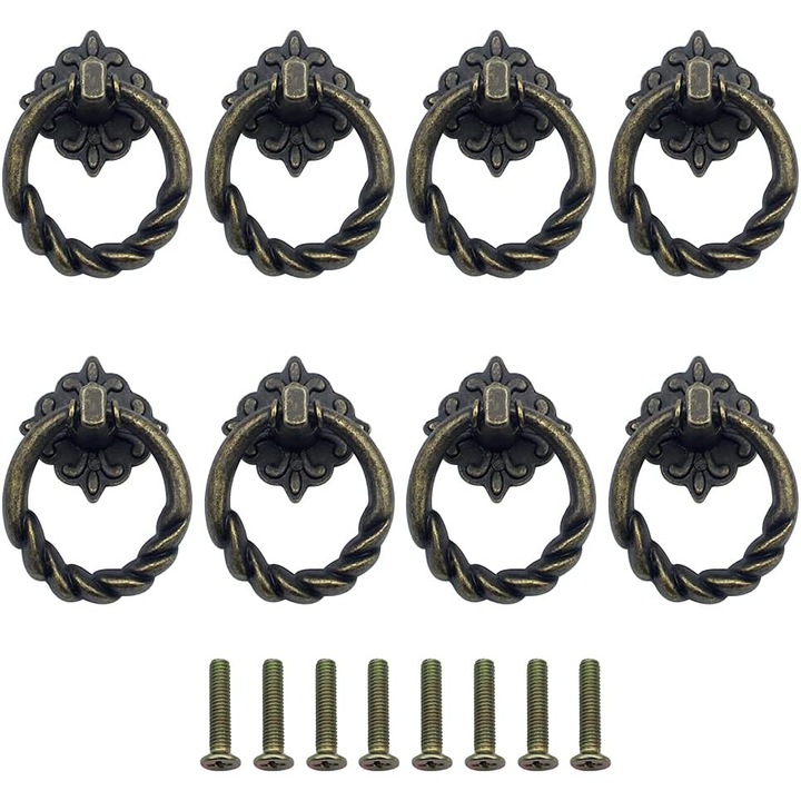 Set de 8 inele vintage pentru sertare, zinc, stil retro, rezistente, 10x5cm