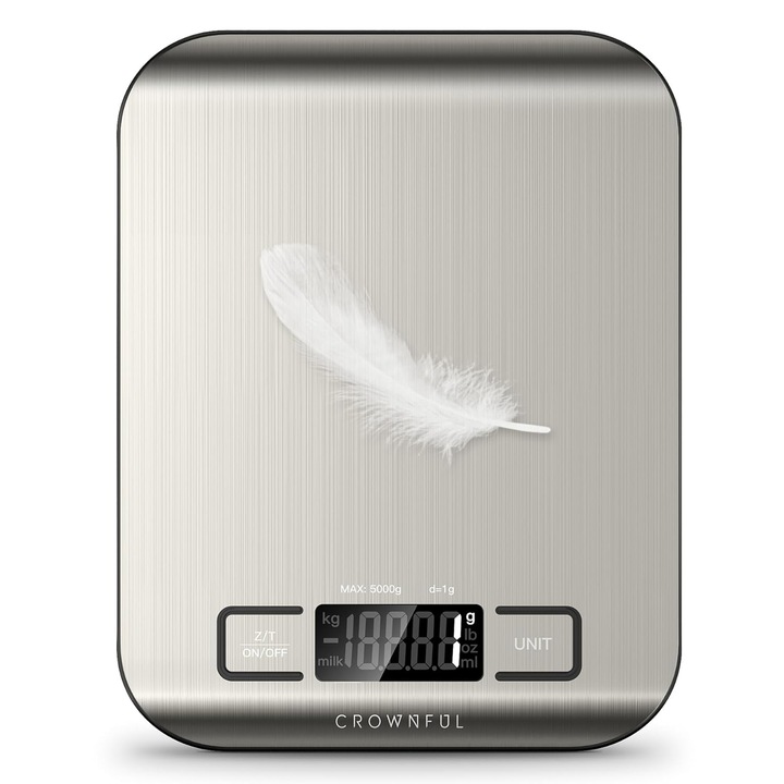 Cantar digital de bucatarie CROWNFUL, 5 kg, cantar de bucatarie cu afisaj LCD, cantar digital din otel inoxidabil, precizie ridicata pana la 1 g, 5 unitati cu functie de tara