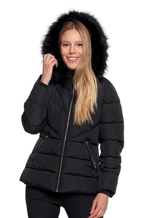 Geaca dama Moraj matlasata cu gluga si blana, Negru