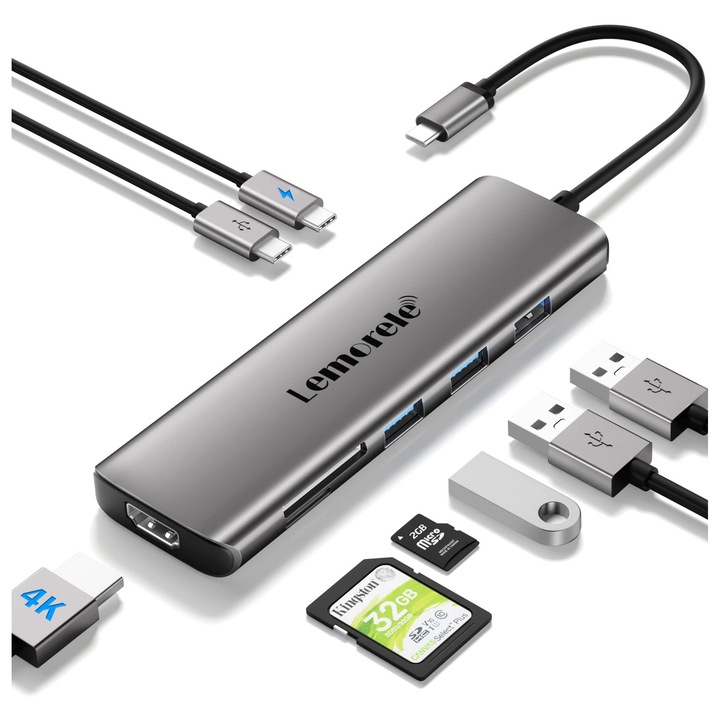 Statie de andocare USB-C Lemorele, 9 în 1, aluminiu, HDMI 4K, 3 porturi USB 3.0, PD 100W