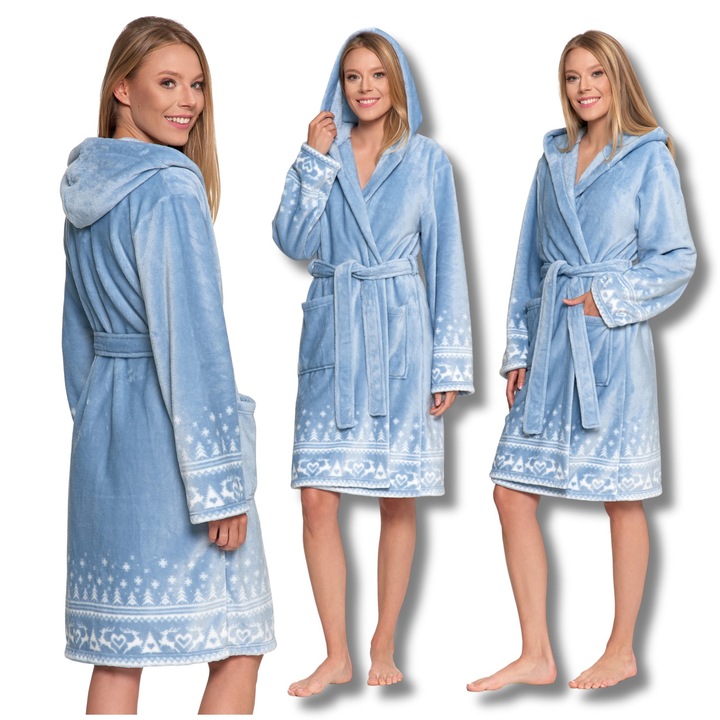 Halat de baie, Moraj, cu gluga, material fleece, design cu reni, marimea L