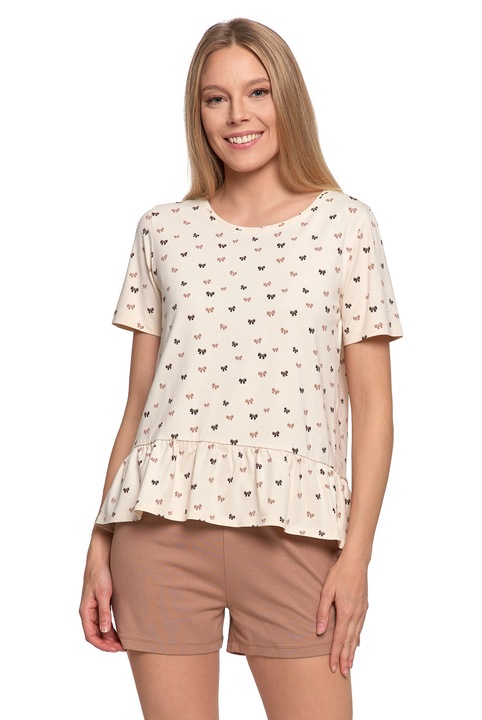 Дамска пижама, Moraj, комплект от две части, къс ръкав, къси панталони, бежов, памук