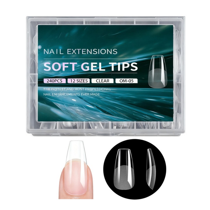 Tipsuri unghii reutilizabile, 240 bucati, gel moale semi-mat, set 12 dimensiuni, pentru utilizare acasa si salon, ballerina