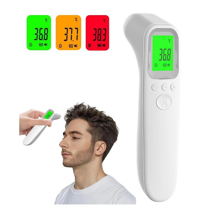Безконтактен цифров инфрачервен термометър, бърз, с аларма за треска, LED дисплей, многофункционален, бял