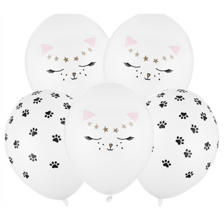 Baloane Party deco, 30 cm, пастелно бяло с принт, комплект 5 броя