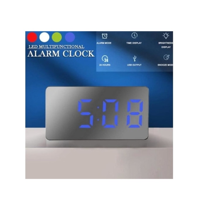 LED dekoratív óra tükörrel, multifunkcionális, 10x15x5cm