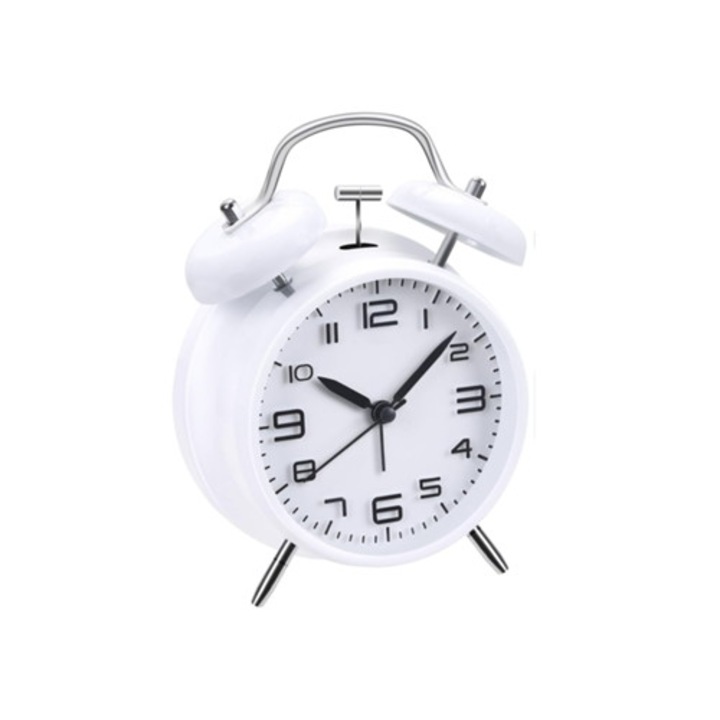 Saisiyiky Des07 dekoratív óra, 10 cm, fehér, fém harangokkal, elemes működés, csendes