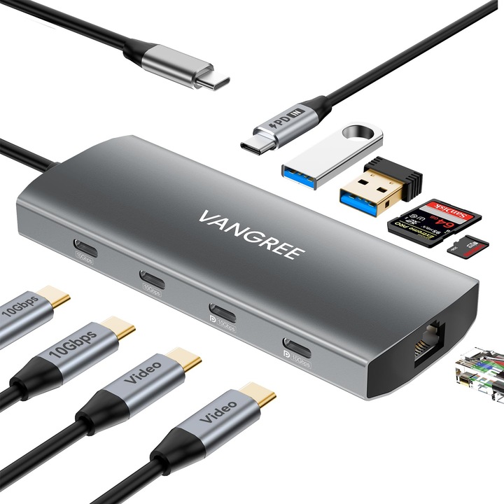VANGREE USB-C hub 2 DisplayPort 4K 60Hz-cel, 2x USB-A, 2x USB-C, Gigabit Ethernet, 100W tápellátás