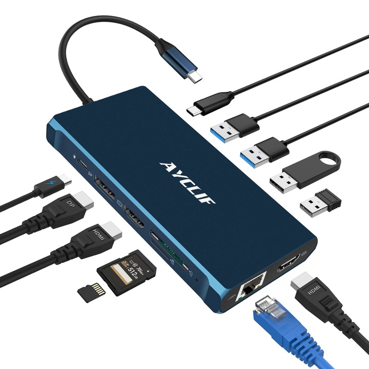 Hub USB C 12 în 1 AYCLIF, 4K, 2 HDMI, 6, 81x3, 7x0, 94cm