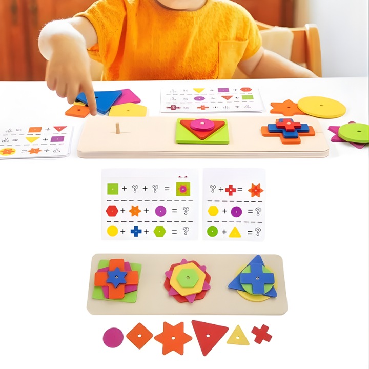 Joc educativ din lemn Asocieri geometrice, Forme si culori, Dezvoltare abilitati logice si matematice pentru copii