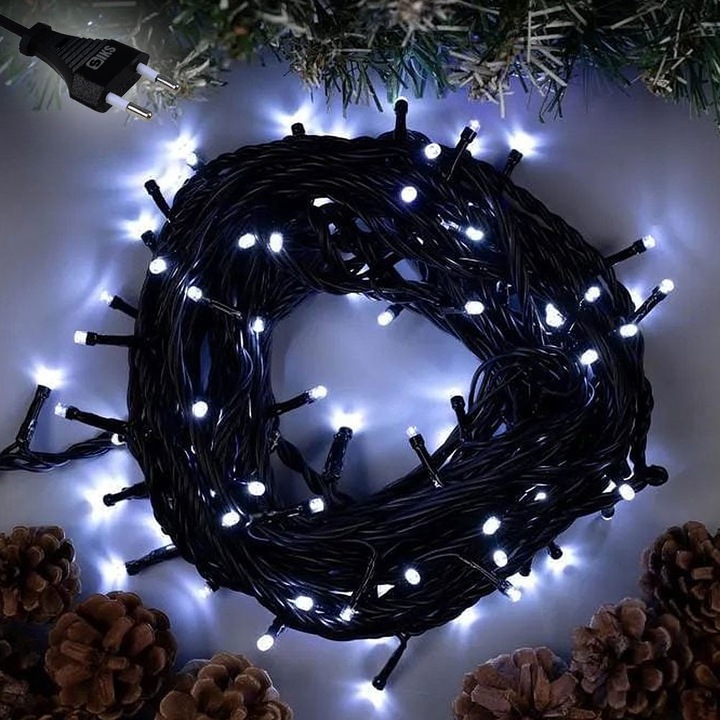 Instalatie De Craciun Liniara SIKS, 400 LED, 32m, Alb Rece, Fir Negru