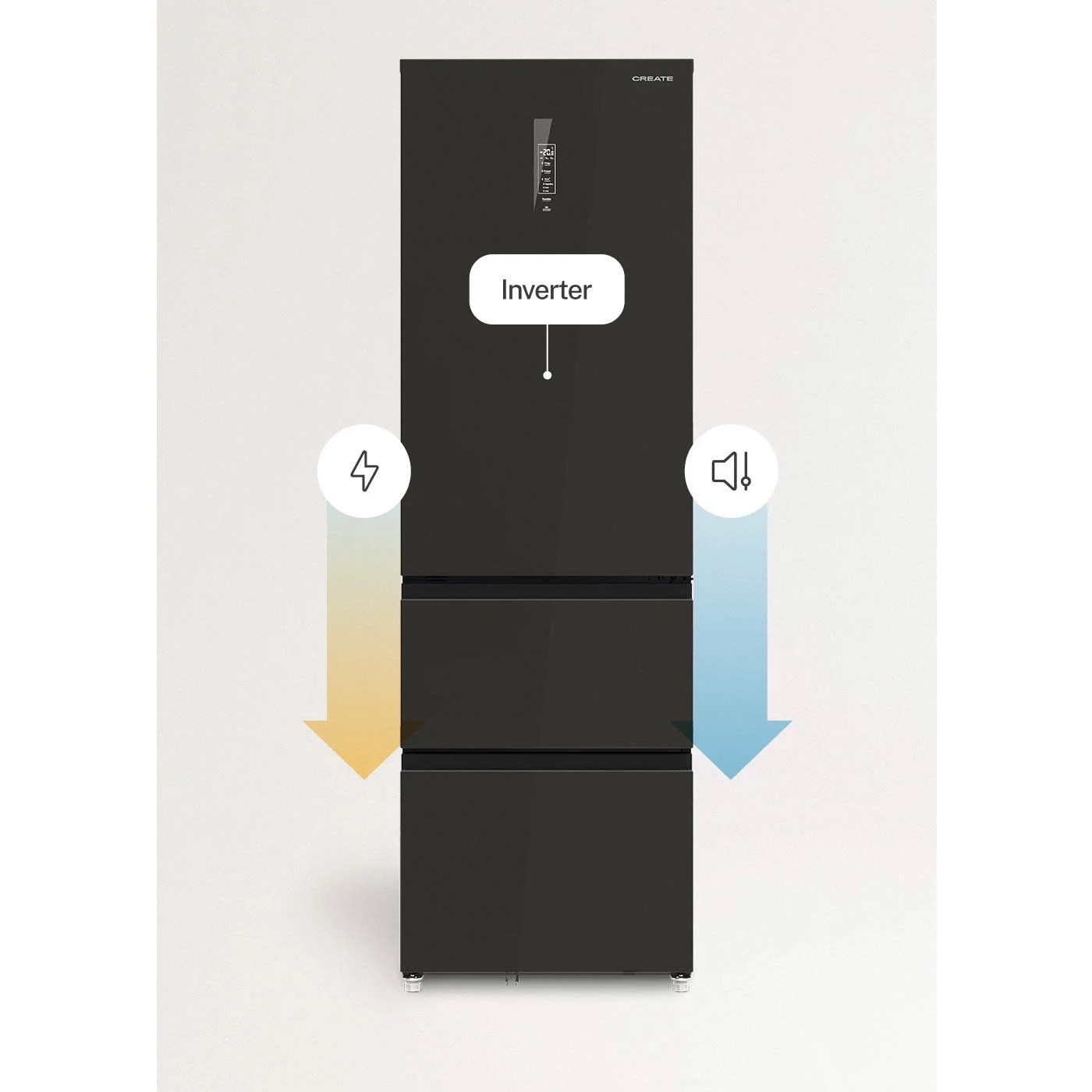 Frigider No Frost French Door cu usi din sticla CREATE, Studio Pro Flex, 401 litri, H 190 cm, congelator 149 litri, Tehnologie Inverter, temperatura reglabila, 3 rafturi din sticla, 4 compartimente pe usa, sistem Care, functie MultiAirFlow, negru