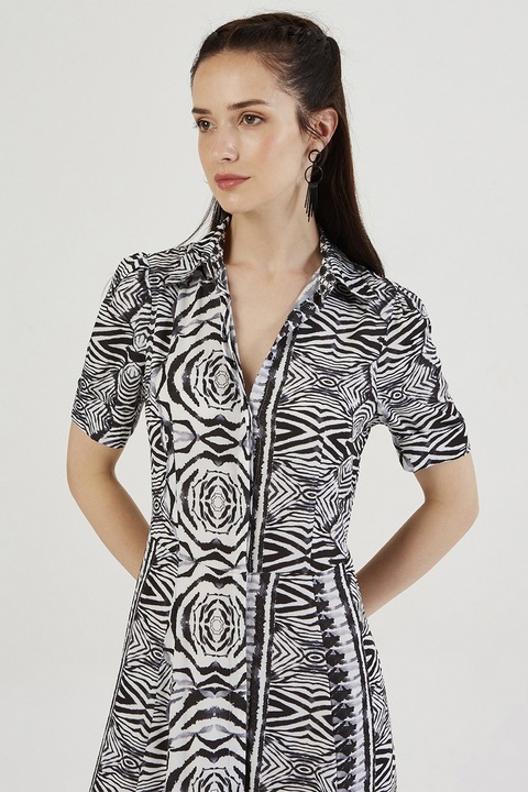 Just Like You, Rochie-camasa cu croiala evazata si buzunare, Alb/Negru stins