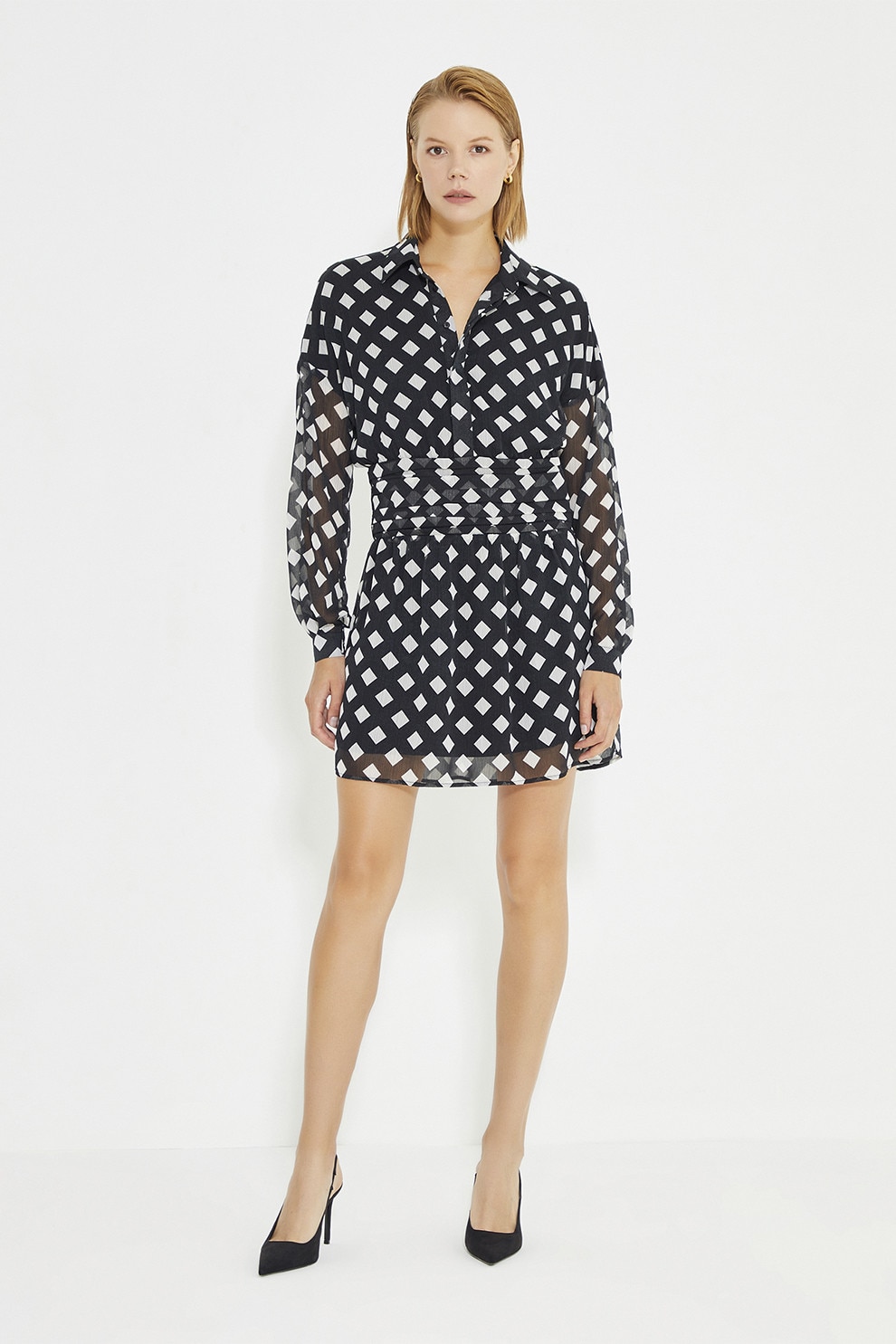 Just Like You, Rochie scurta cu croiala in A, Alb, Negru, 34